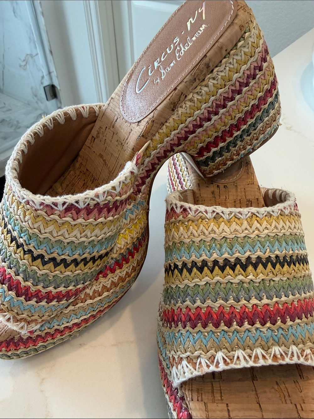 Circus by Sam Edelman Multicolor Woven Cork Mules. RARE 8